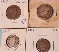 Barber quarters (2), Barber Dime (1) 3 cent coin