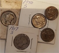 5 Mercury  Dimes 1917S, 1940S, 1943, 1943D, 1929