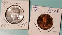 1981 S Proof Penny 1964D Silver Quarter Coin