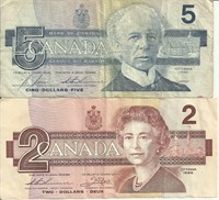 Canadian $2 & $5 Currency  (2 items in this lot)