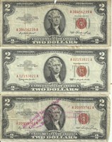 3 - Red Seal $2 Bills - have been folded