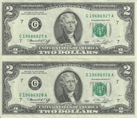 Crisp $2 Bills consecutive serial numbers - 2