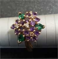 14 carat Vintage Amethyst Emerald Diamond Ring