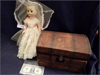 Antique doll trunk with original insert . Vintage
