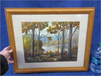 framed lake painting by e. howe
