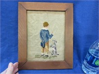 boy with dog needlepoint with wooden frame