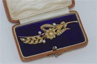 Boxed Victorian 15ct gold and pearl spray brooch