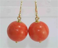 Pink-red coral bead earrings