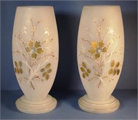 Pair of Victorian hand painted frosted glass vases