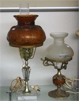 Two vintage brass & glass electric table lamps