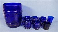 Victorian cobalt blue barrell with five glasses