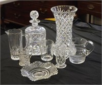 Crystal / glass jugs, decanter, vase & dish
