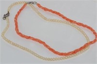 Two necklaces (pearl and coral)