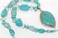 Turquoise and glass necklace with large pendant