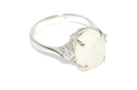 18ct white gold and solid opal & 2 diamond ring