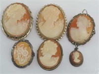 Six various sized vintage cameo brooches