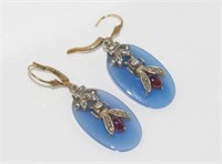 Silver, insect earrings with diamonds and garnet