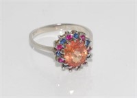 Silver and multi-coloured stone set ring