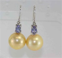 Golden coloured cultured pearl &tanzanite earrings
