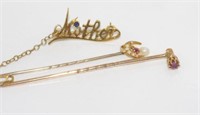 Two gold stick pins & 9ct gold "Mother" brooch