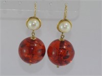 Cherry Baltic amber and pearl earrings