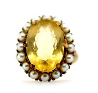 Vintage 9ct yellow gold, citrine and pearl ring