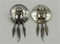 Sterling Indian Man Shield Earrings W Feathers