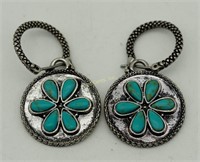 Vtg Indian Sterling Turquoise Disc Hoop Earrings