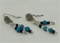 Vtg Indian Turquoise Silver Dangle Wire Earrings