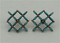 Vtg Turquoise Sterling Open Square Indian Earrings
