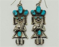 Vtg Sterling & Turquoise Kachina Doll Earrings