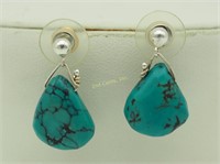Vtg Indian Turquoise Stone Silver Dangle Earrings