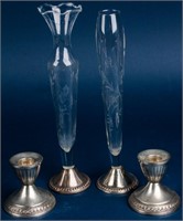 Sterling Silver Candlesticks and Glass Bud Vases