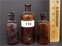 3 Early Amber Medicine Bottles, Two w/Stoppers