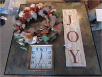 Burlap Wreath, JOY Sign, Wooden Clock
