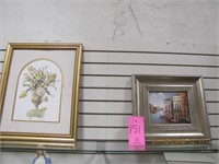 2 framed pictures: 1 floral 22.5" x18", 1 town 15"