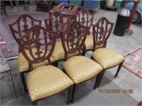 6 Ornate wood dining chairs w/gold cloth seat,