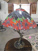 Metal based tree lamp w/ leaded glass shade