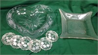 Heart shaped crystal bowl, 6 souvenir coasters-