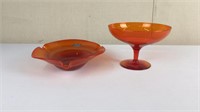 Orange blown glass ash tray and bowl