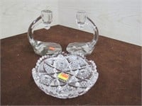 Pair Art Deco Crystal Candleholders, Cut Glass