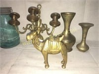 Brass camel,  etched vases & candelabra