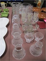 Approx 17 pcs clear glass: candle stick holders,