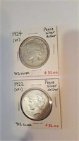 1924 and 1922 peace silver dollars
