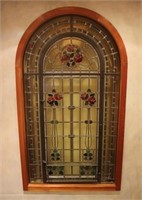 ANTIQUE ART NOUVEAU STAINED GLASS HINGED WINDOW