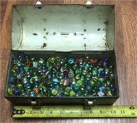 Metal Box Full of Vintage Cats Eye Marbles