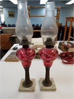 PAIR OF VTG RED CUT TO CLEAR GLASS OIL LAMPS