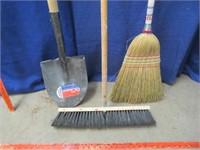 nice shovel & 2 brooms