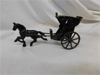 Cast iron single horse pulling a carriage, wheels
