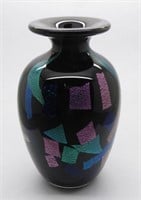 Hand Blown Art Glass Black Vase w/ Abstract Design